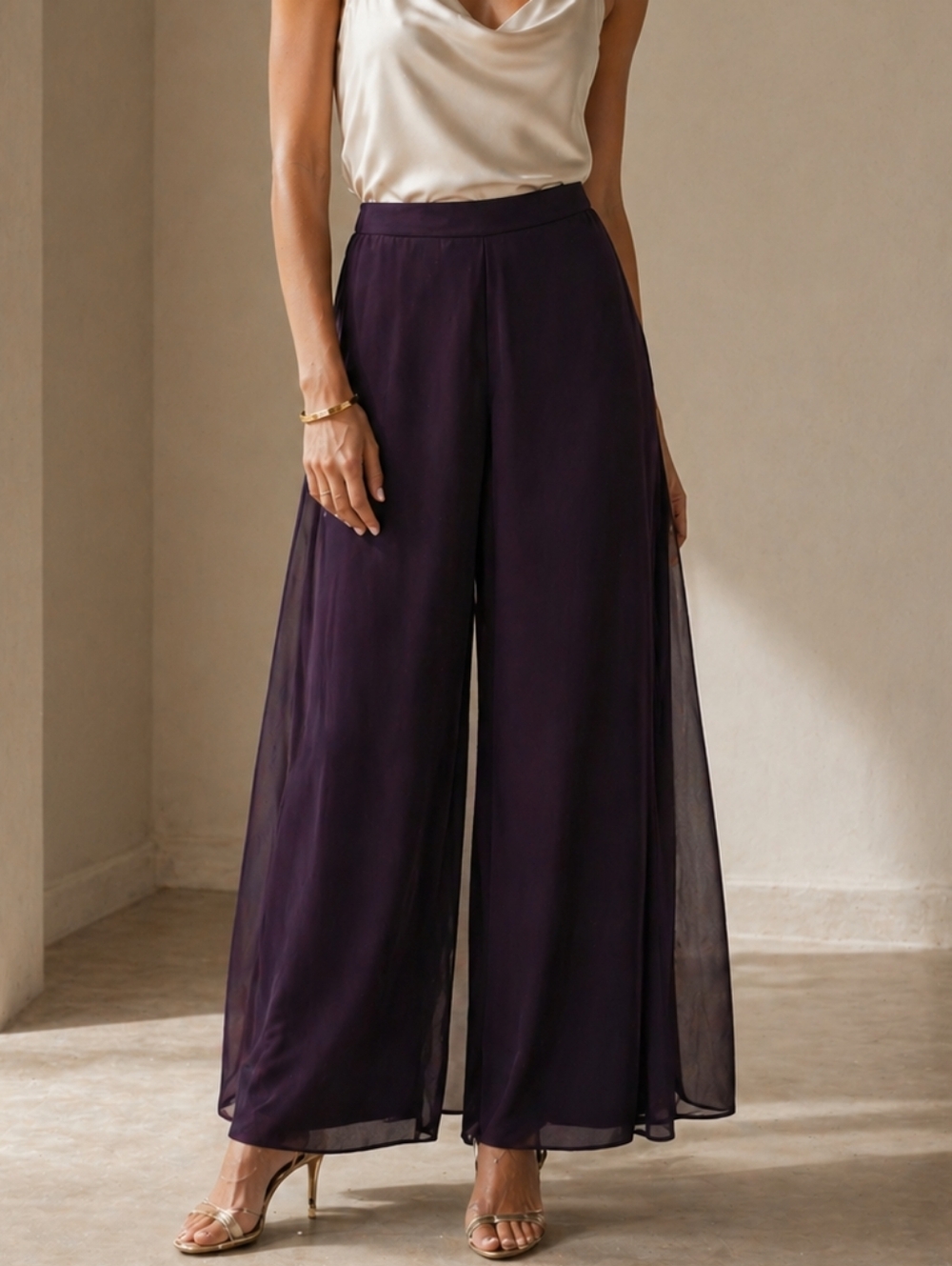 Emma Street Wide Leg Flowy Pants w/ Sheer Overlay Size 12 Purple EUC